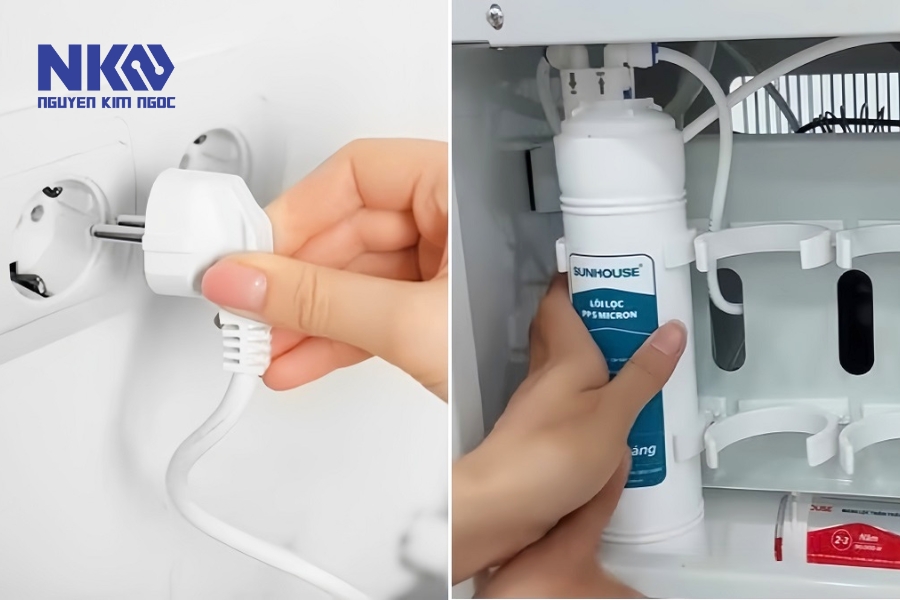 Các bước thay lõi lọc nước Sunhouse đơn giản tại nhà Ngắt nguồn điện và khóa van cấp nước vào máy.